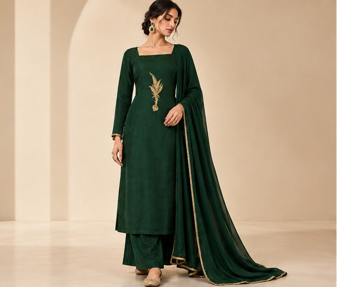 Myriads Emerald Botanical Embroidered Straight Suit Set