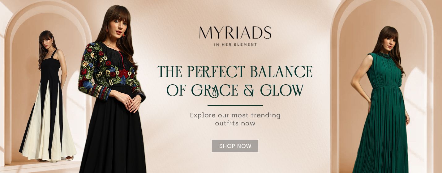 Advertisement for MYRIADS clothing with models wearing dresses and a promotional message.